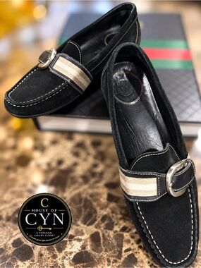 Bally Black Suede Web Stripe Buckle Loafers, EU 39.5
